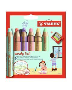 Stabilo kleurpotloden woody 6 pastelkleuren + slijper
